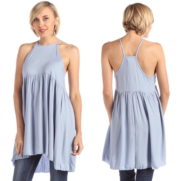 Tops - Boho Baby Doll Romantic Mock Halter Racerback Tunic Sky Blouse